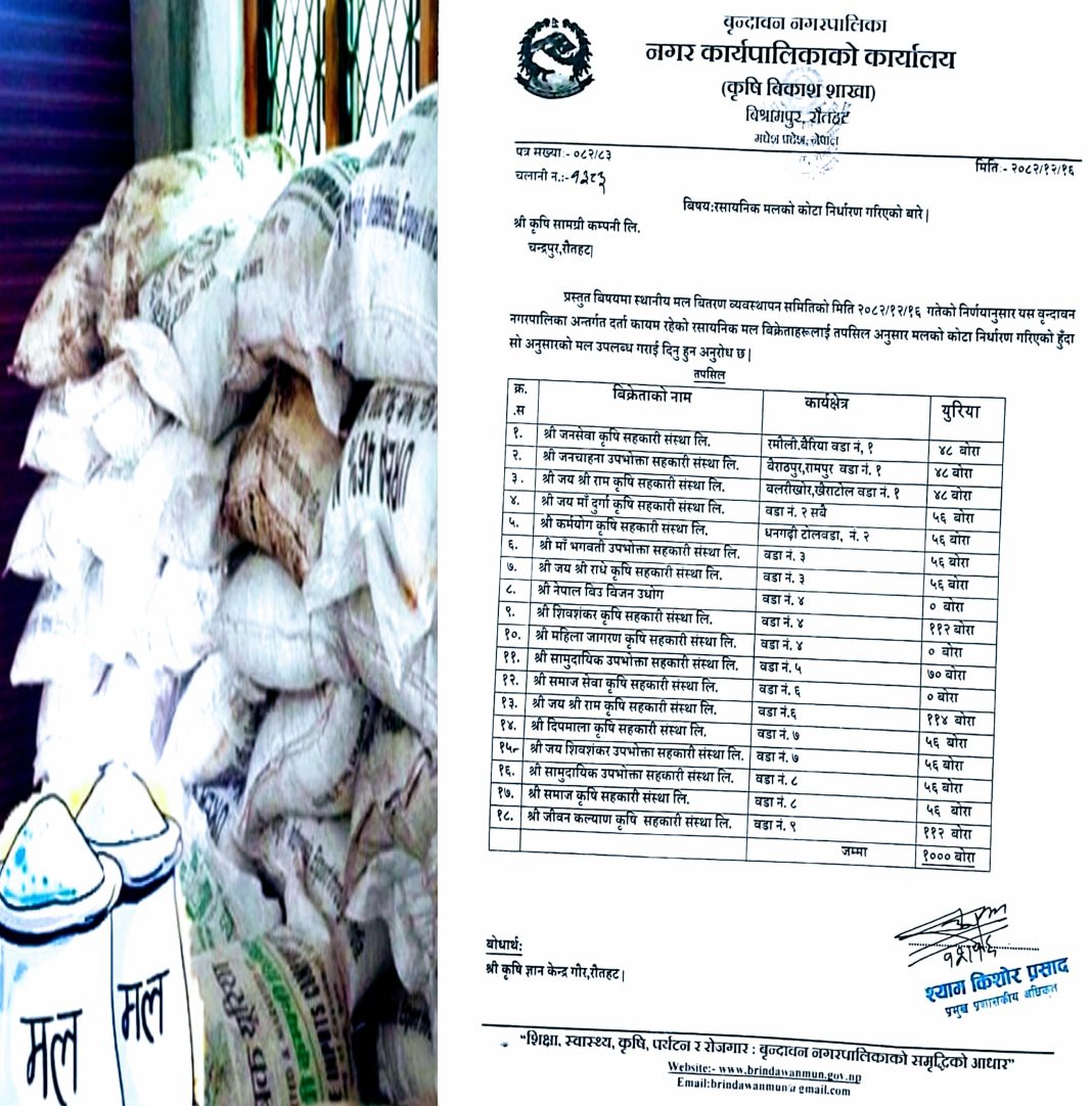 बृन्दावन नगरपालिकाद्वारा रसायनिक मलको कोटा निर्धारण, १ हजार बोरा युरिया वितरण हुने